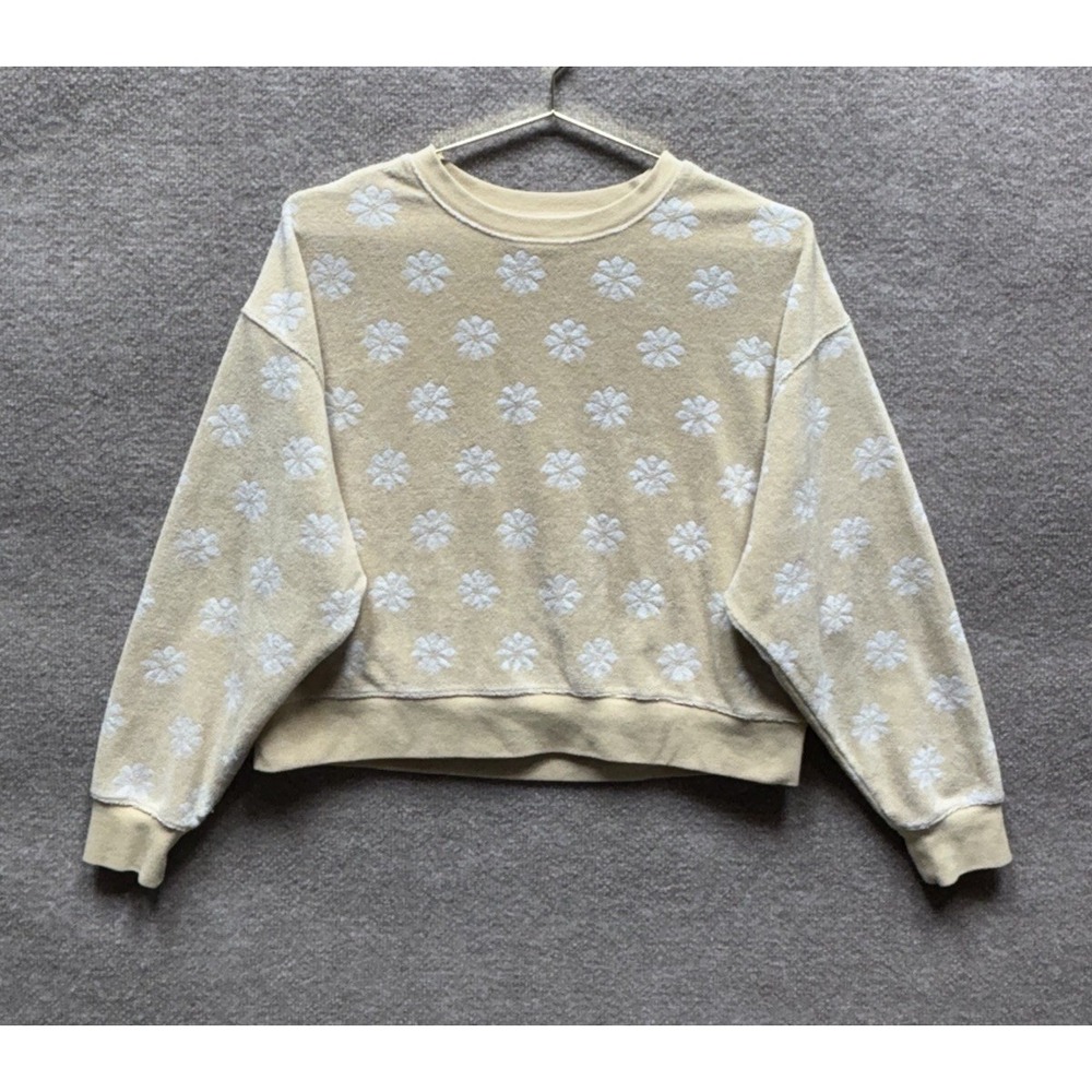 Rylee + Cru Floral Retro French Terry Boxy Pullover Crew Sweater Womens S Beige